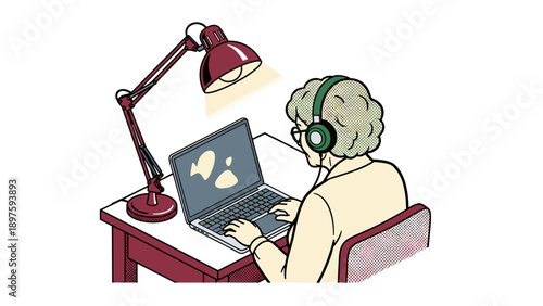 Elderly woman working on laptop with headphones in retro style at desk