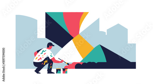 Artist Paints Vibrant Abstract Mural on City Skyline Backdrop