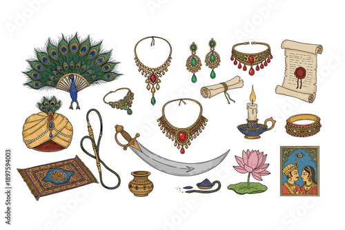 Traditional Indian and royal objects collection includes ornate jewelry, a peacock fan, turban, sword, and ancient scrolls, representing rich heritage.