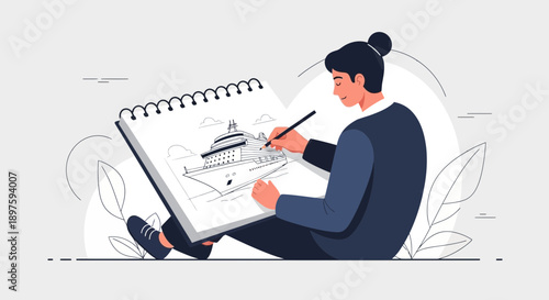 Artist Sketching a Majestic Cruise Ship Voyage Inspiration