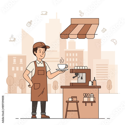 Barista Serving Coffee Professionally At A Coffee Shop Stall With City Background