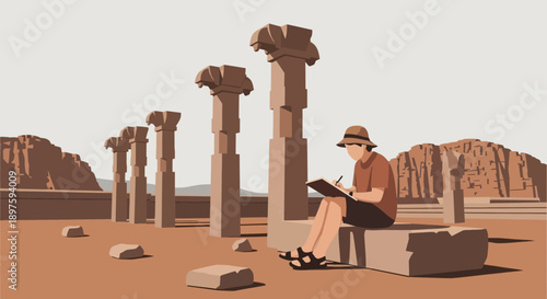 Artist Sketching Ancient Ruins Amidst Desert Landscape