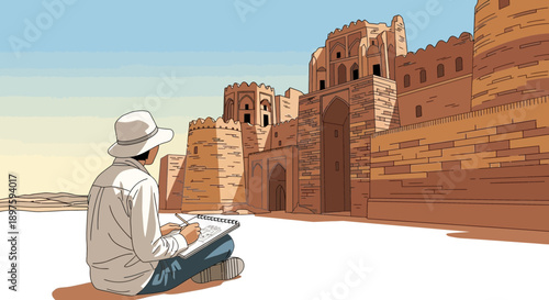 Artist Sketching Ancient Fort Architecture Outdoors Capturing Historical Details
