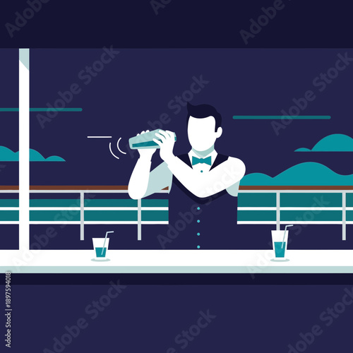 Bartender Shaking Cocktail On Cruise Ship Deck At Dusk
