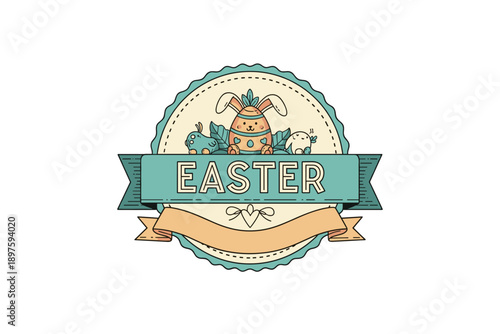 Easter badge emblem featuring a charming bunny egg, small creatures, and decorative banners, perfect for holiday greetings and spring celebrations.