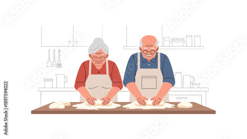 Seniors baking together in kitchen: happy elderly couple kneading dough