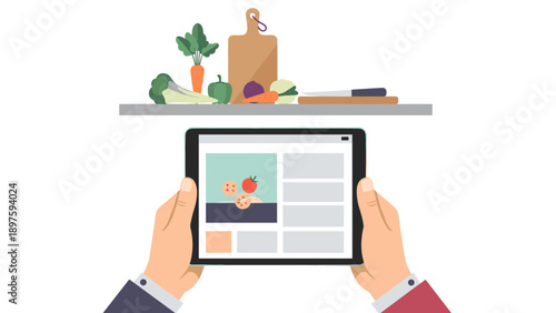 Hands holding tablet browsing recipes with fresh vegetables and cutting board on counter