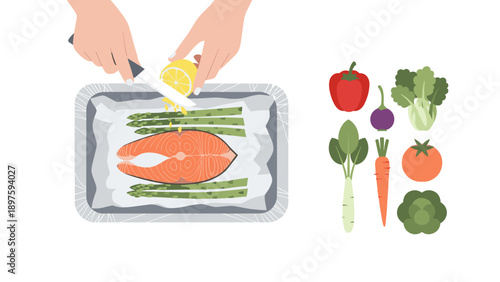 Flat design of salmon preparation with vegetables and lemon slices for healthy cooking concepts