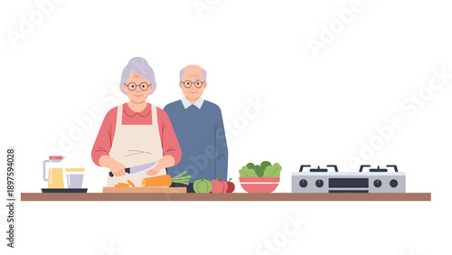 Elderly couple cooking together in kitchen with fresh vegetables and stove