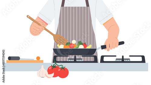 Flat style cooking scene with chef preparing vegetables on a gas stove