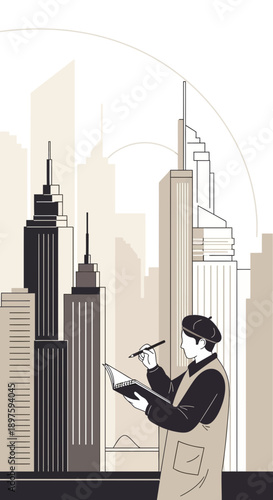 Artist Sketching Iconic Cityscape Buildings With A Stylized Modern Flair