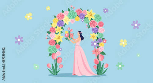 Beautiful Bride Standing Under A Floral Archway With Bouquet
