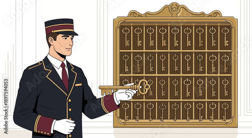Bellhop Offering Vintage Key From Ornate Hotel Key Rack