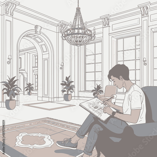 Artist Sketching Grand Interior Design Ideas Leisurely In A Luxurious Hallway