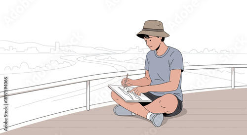 Artist Sketching Scenic Landscape From Elevated Vantage Point