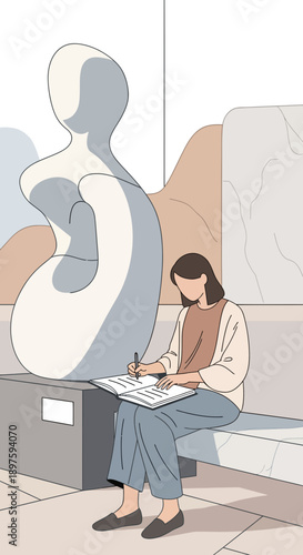 Artist Sketching Modern Sculpture Inside Museum Gallery Space