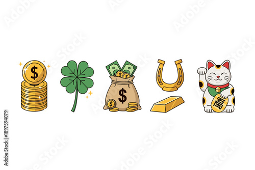 Lucky charms and wealth symbols vector illustration set featuring money, a four-leaf clover, gold, a horseshoe, and a Maneki-neko cat.