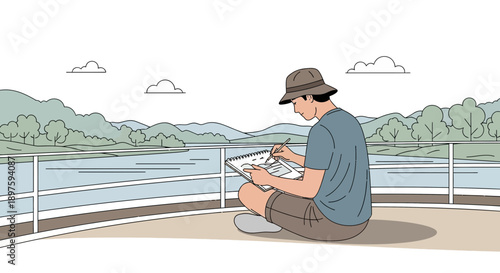 Artist Sketching Tranquil Landscape Scene Outdoors By The Water