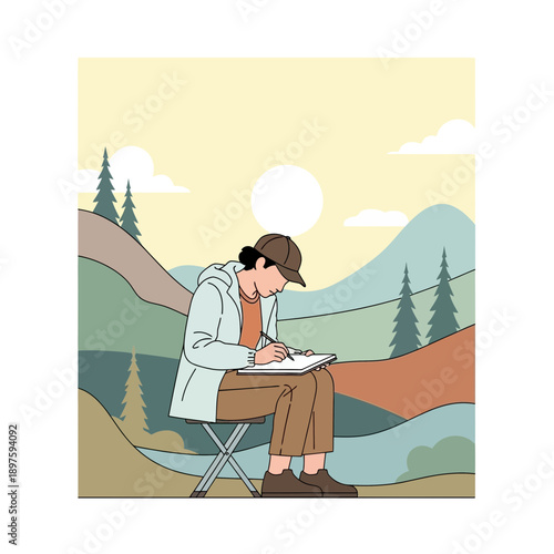 Artist Sketching Serene Mountain Landscape Outdoors Creative Pursuit