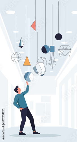 Artistic Person Interacting With Abstract Geometric Sculptures Hanging