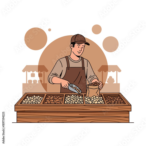 Artistic Merchant Selling Bulk Nuts And Seeds At Outdoor Market Stall