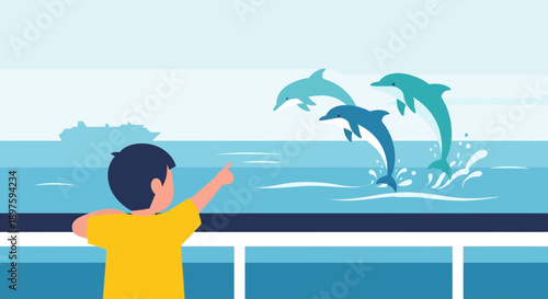 Boy Watching Dolphins Jump From Cruise Ship Deck During Vacation