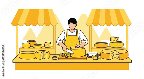 Artistic Rendering Of A Cheesemonger Preparing Artisan Cheeses At A Market Stall