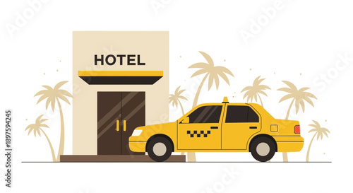 Bright Yellow Taxi Arrives At Tropical Hotel With Palm Trees Background