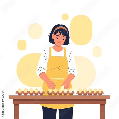 Artistic Representation Of A Woman Sorting Fresh Eggs For Distribution