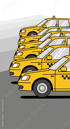 Bright Yellow Taxi Fleet Lined Up Ready For Urban Journeys