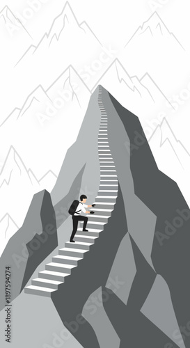 Ascending Rocky Summit Through Staircase Towards Elusive Peak Achievement