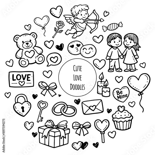 Hand draw doodle valentines day illustration. Love decorative elements with hearts
