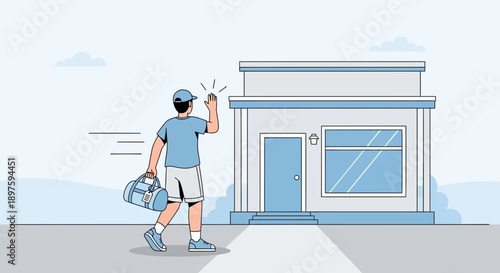 Athletic Individual Exiting Store with Duffle Bag Waving Goodbye