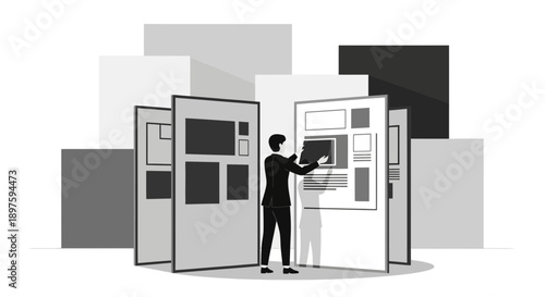 Business Professional Reviewing Displayed Information Panels In Office Environment