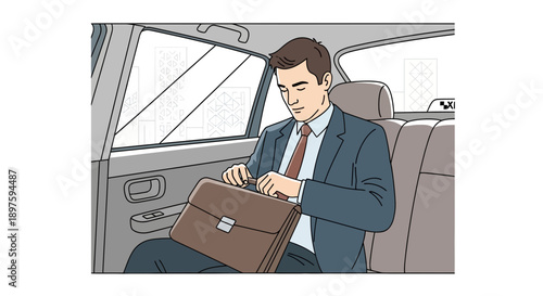 Business Professional Traveling In A Taxi Holding His Briefcase Preparing For Meeting