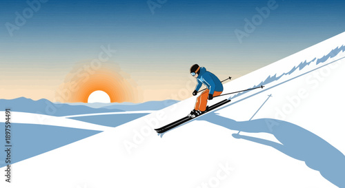 Athletic Skier Descending Snowy Slope At Sunrise