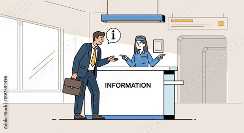 Business Professional Seeks Assistance at Information Desk