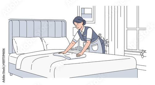 Attentive Hotel Maid Pristinely Making Up A Comfortable Bed With Crisp White Linens