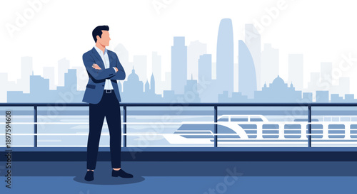 Businessman Gazing At Futuristic Cityscape And Bullet Train