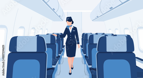 Attractive Flight Attendant Walking Down Airplane Aisle Servicing Passengers