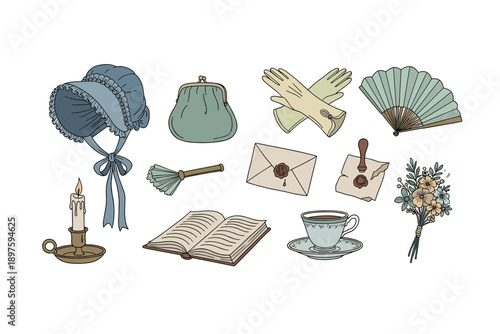 Delightful collection of vintage accessories and historical objects, including a bonnet, gloves, fan, and sealed letters, evoking a sense of classic charm.