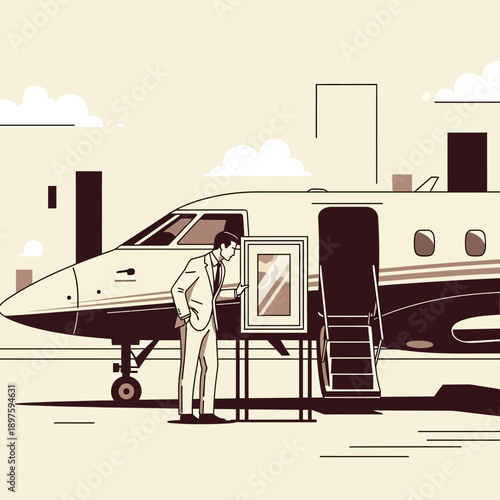 Businessman Inspecting Artwork Before Boarding Private Jet Adventure