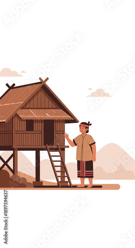 Authentic Rural Dwelling And Traditional Figure In Rustic Landscape