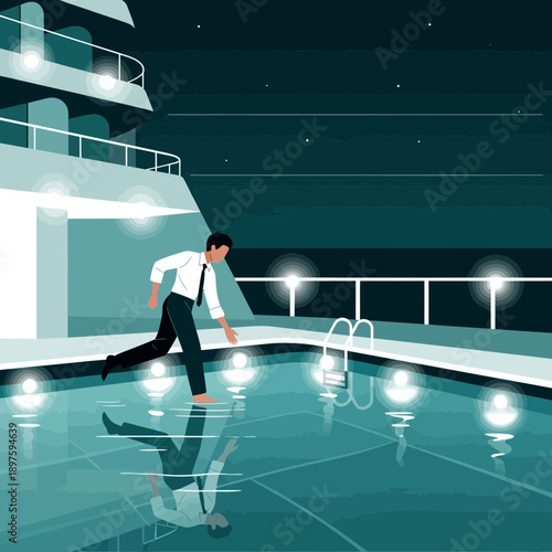 Businessman Navigating Sleek Modern Poolside Architecture