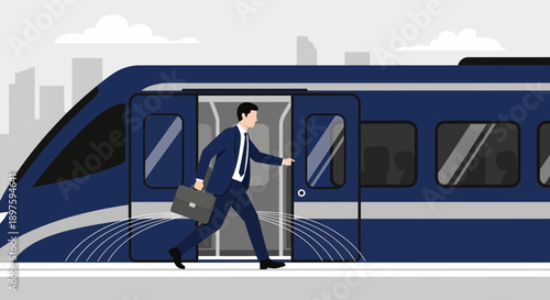 Businessman Rushing Onto Commuter Train In Urban Cityscape