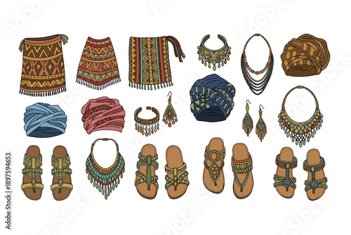 Ethnic tribal clothing accessories and footwear collection featuring various hand-drawn garments, ornate jewelry, stylish head wraps, and decorative sandals with intricate patterns.