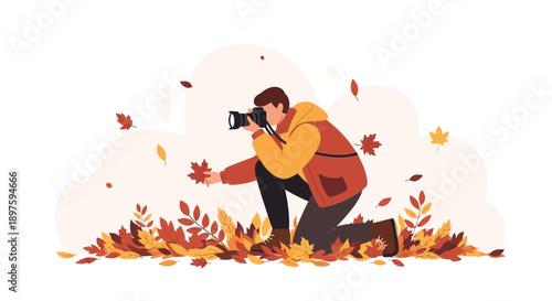 Autumn Photographer Capturing Falling Leaves In Seasonal Beauty