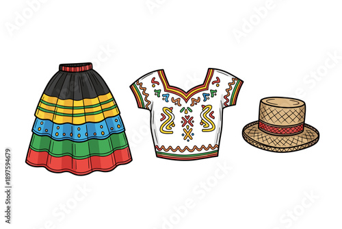 Traditional clothing items including a vibrant tiered skirt, an embroidered blouse, and a straw hat, representing cultural attire.