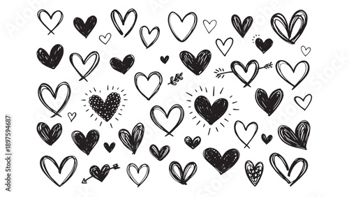 Collection of hand drawn black heart illustrations