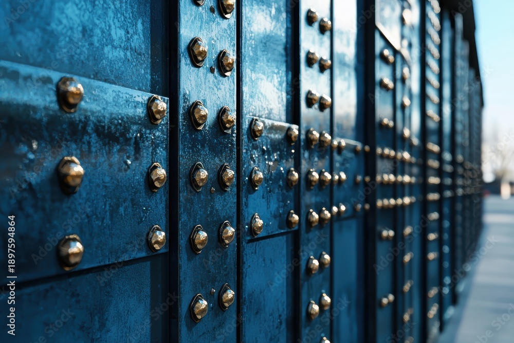 Obraz premium Close-up of a weathered dark blue metal wall with prominent golden rivets, showcasing texture, industrial design, and a strong, robust aesthetic.